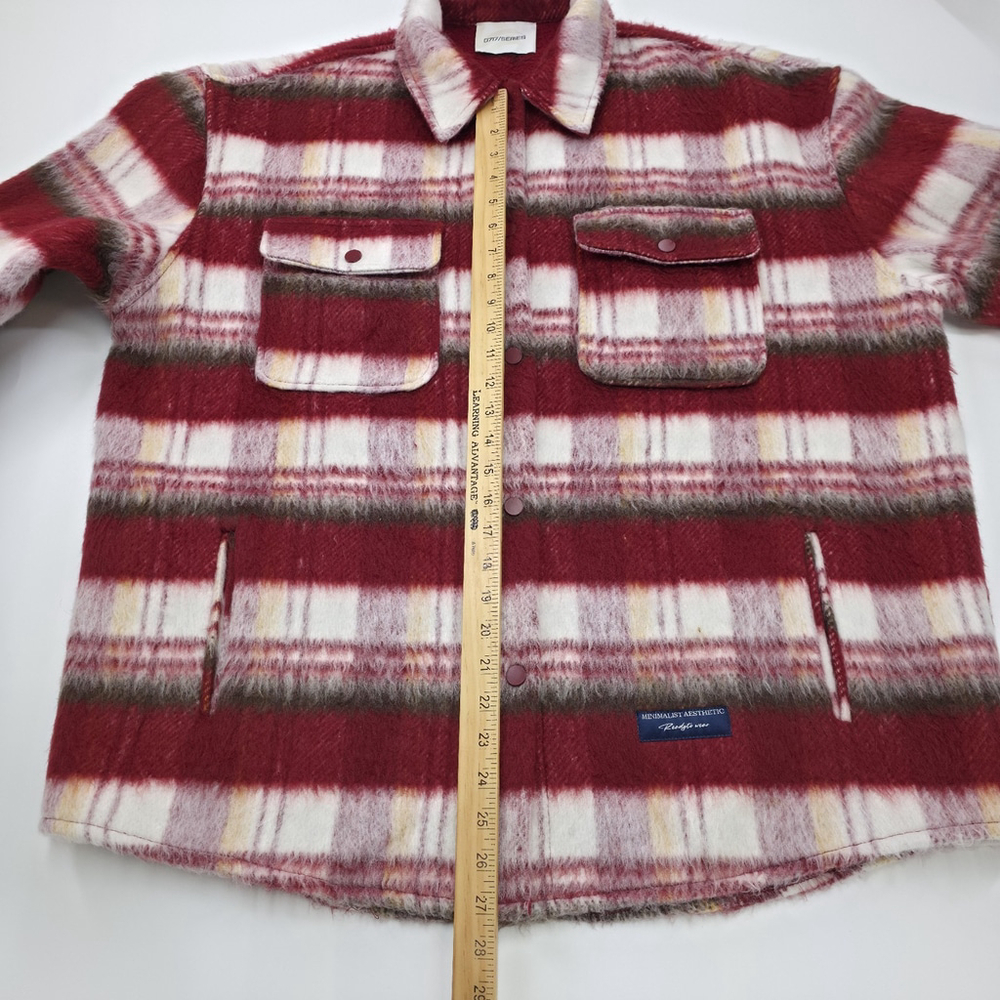 Minimalist Aesthetic Plaid Shirt Jacket Mens Large Red Fleece Lined Lifestyle - Picture 12 of 14